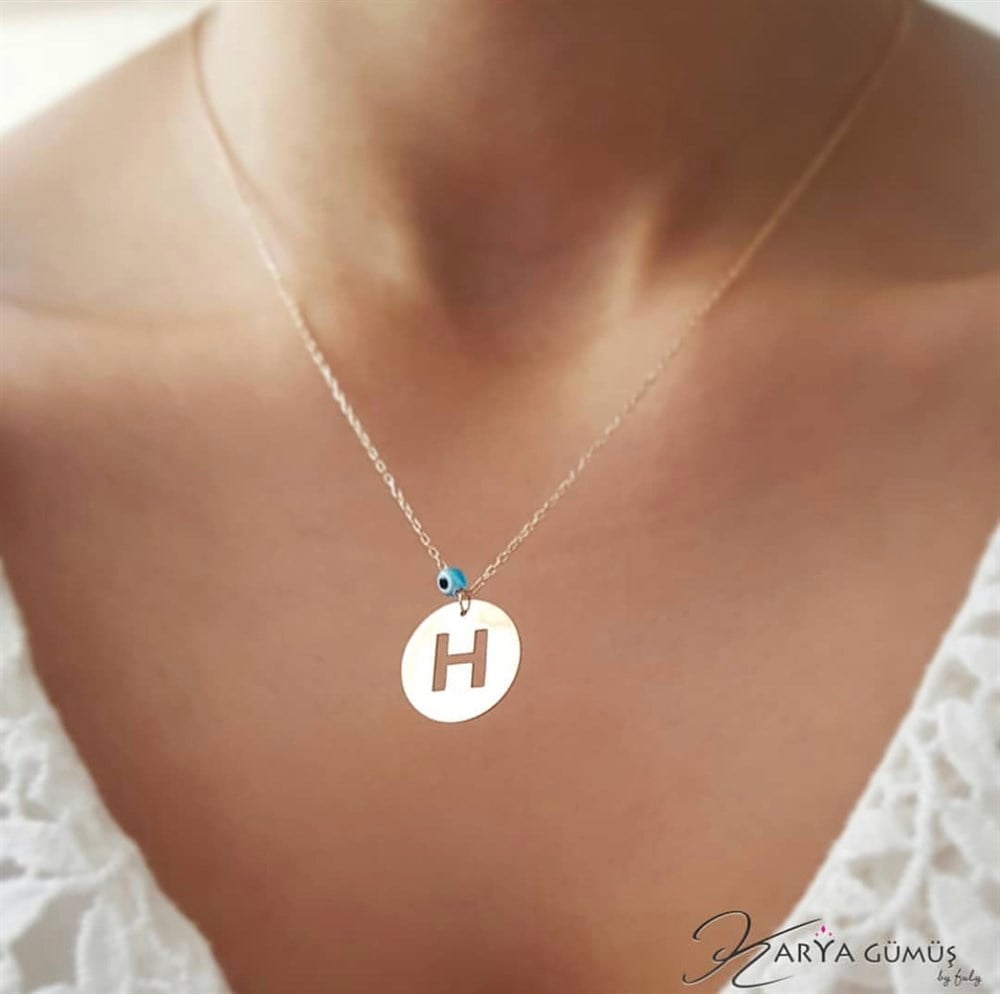 Nazar Boncuklu Harfli Plaka Gümüş Kolye