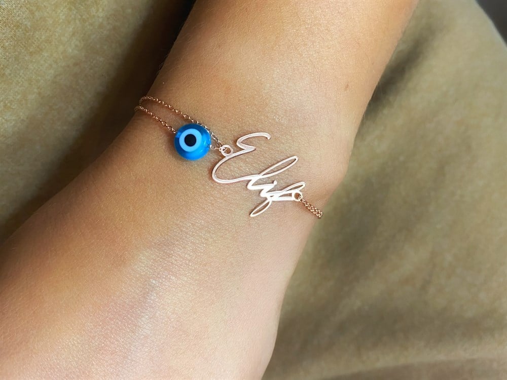 Nazar Boncuklu İmza İsim Gümüş Bileklik