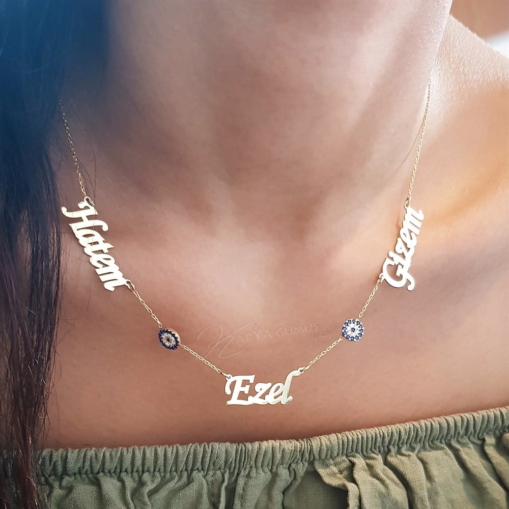 Nazar Boncuklu Üç İsim Gümüş Kolye