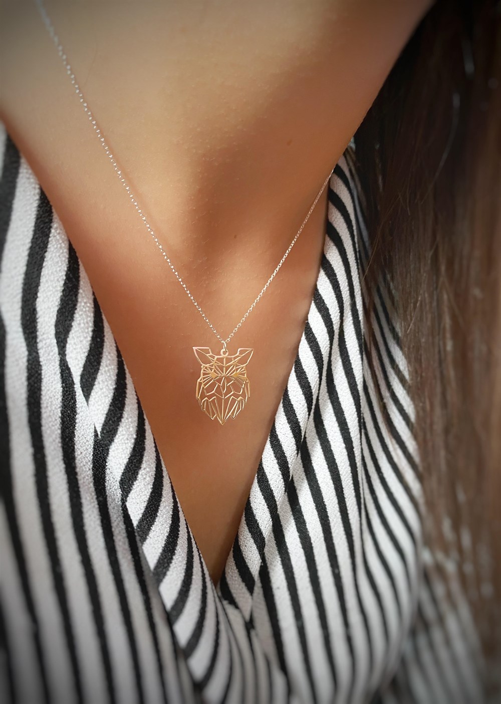 Origami Bütün Baykuş Figürlü Gümüş Kolye