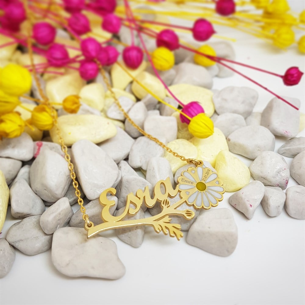 PAPATYA TASARIM İSİM TARİH GÜMÜŞ KOLYE