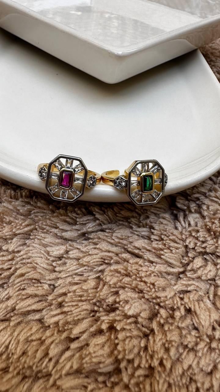 Pembe - Yeşil Baget Taşlı Altıgen Yüzük 