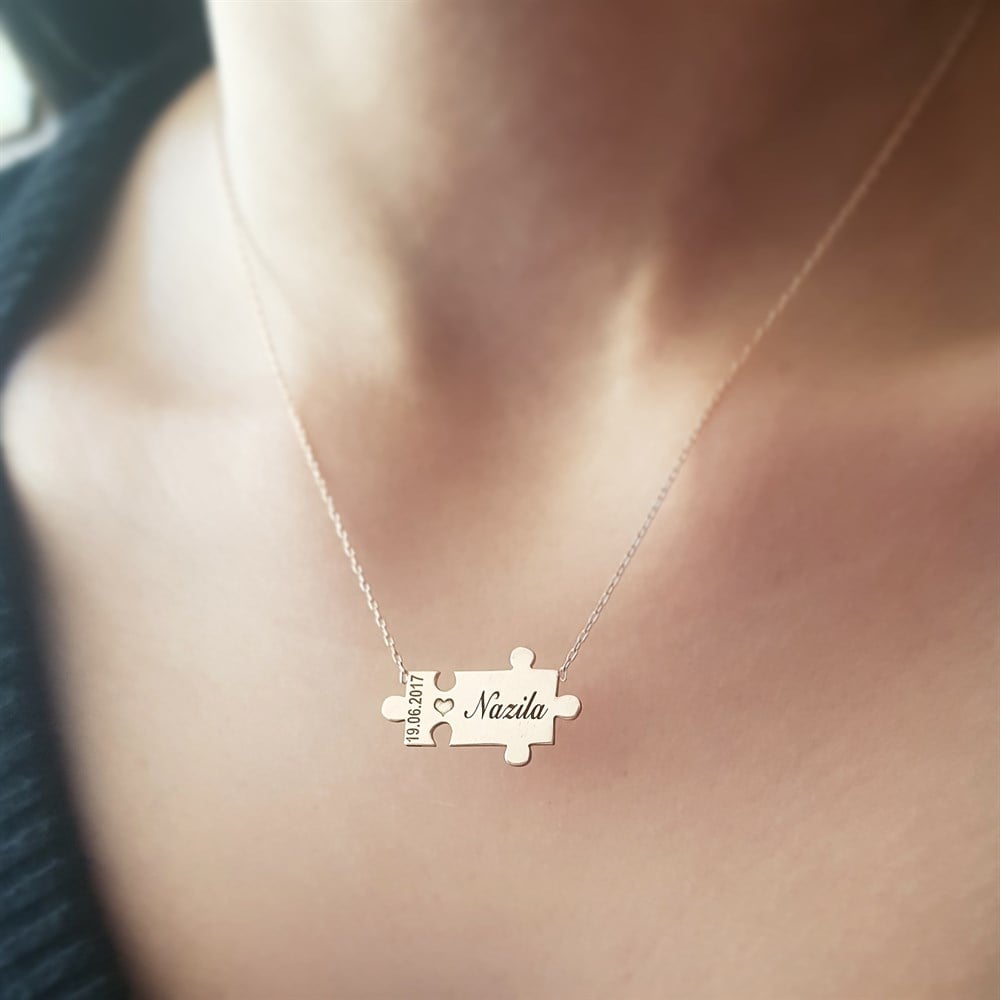 PUZZLE İSİM TARİH GÜMÜŞ KOLYE