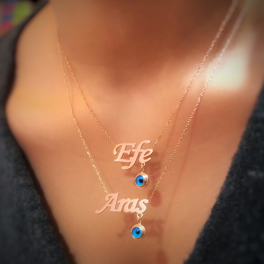 Tasarım İkili Nazar Boncuklu İsimli Gümüş Kolye
