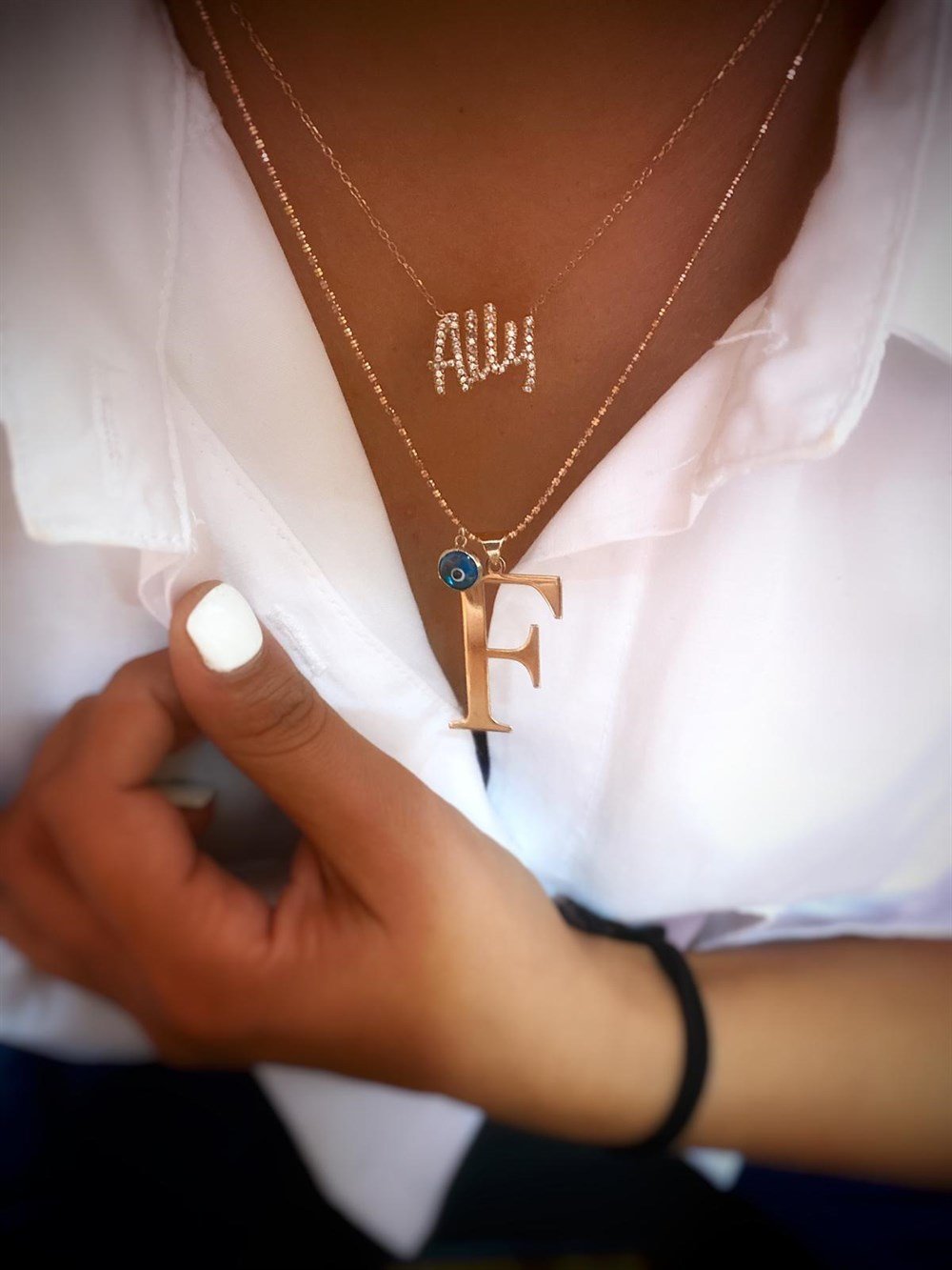 Tasarım Taşlı İsim Ve Nazar Boncuklu Harf Kombin Gümüş Kolye