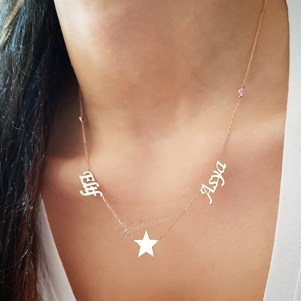 Taşlı İki İsim Yıldızlı Gümüş Kolye