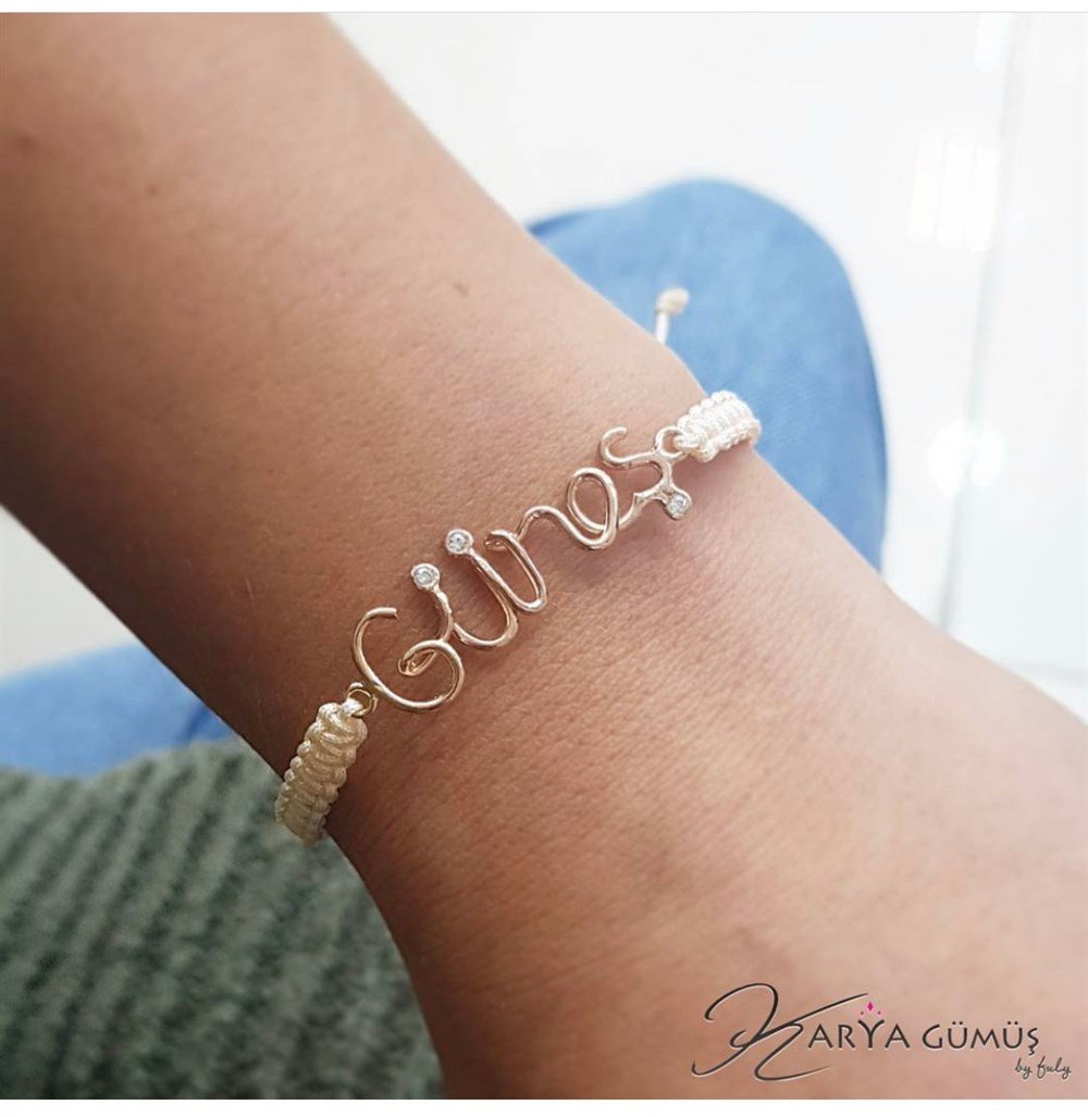 Tel Bükme İsim Gümüş Makrome Bileklik