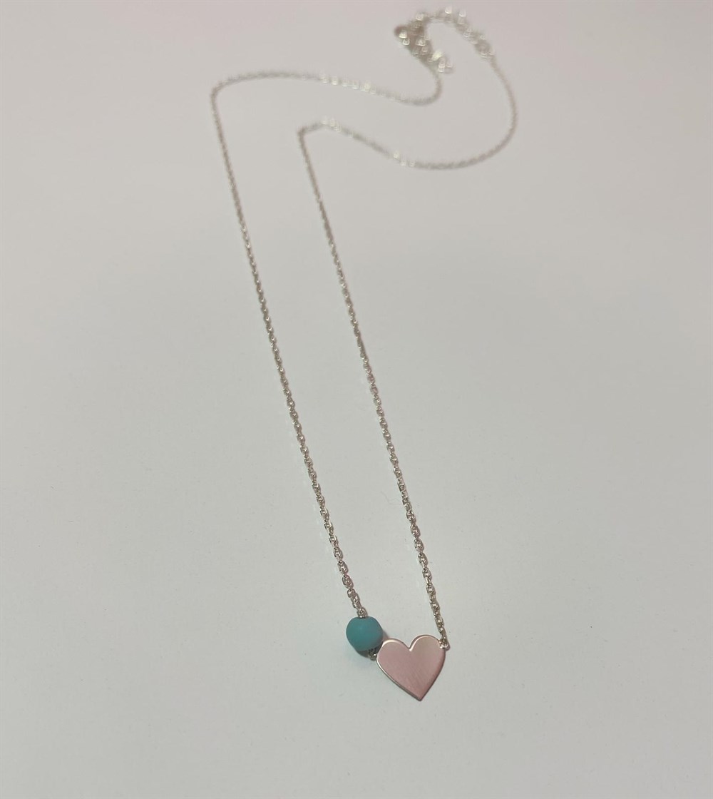 Turkuaz Boncuklu Minik Kalp Gümüş Kolye