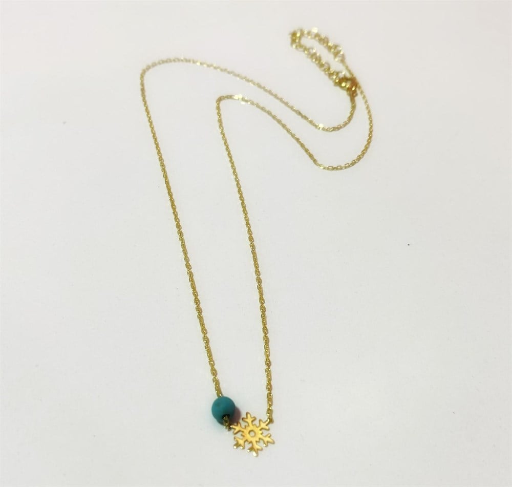 Turkuaz Boncuklu Minik Kar Tanesi Gümüş Kolye