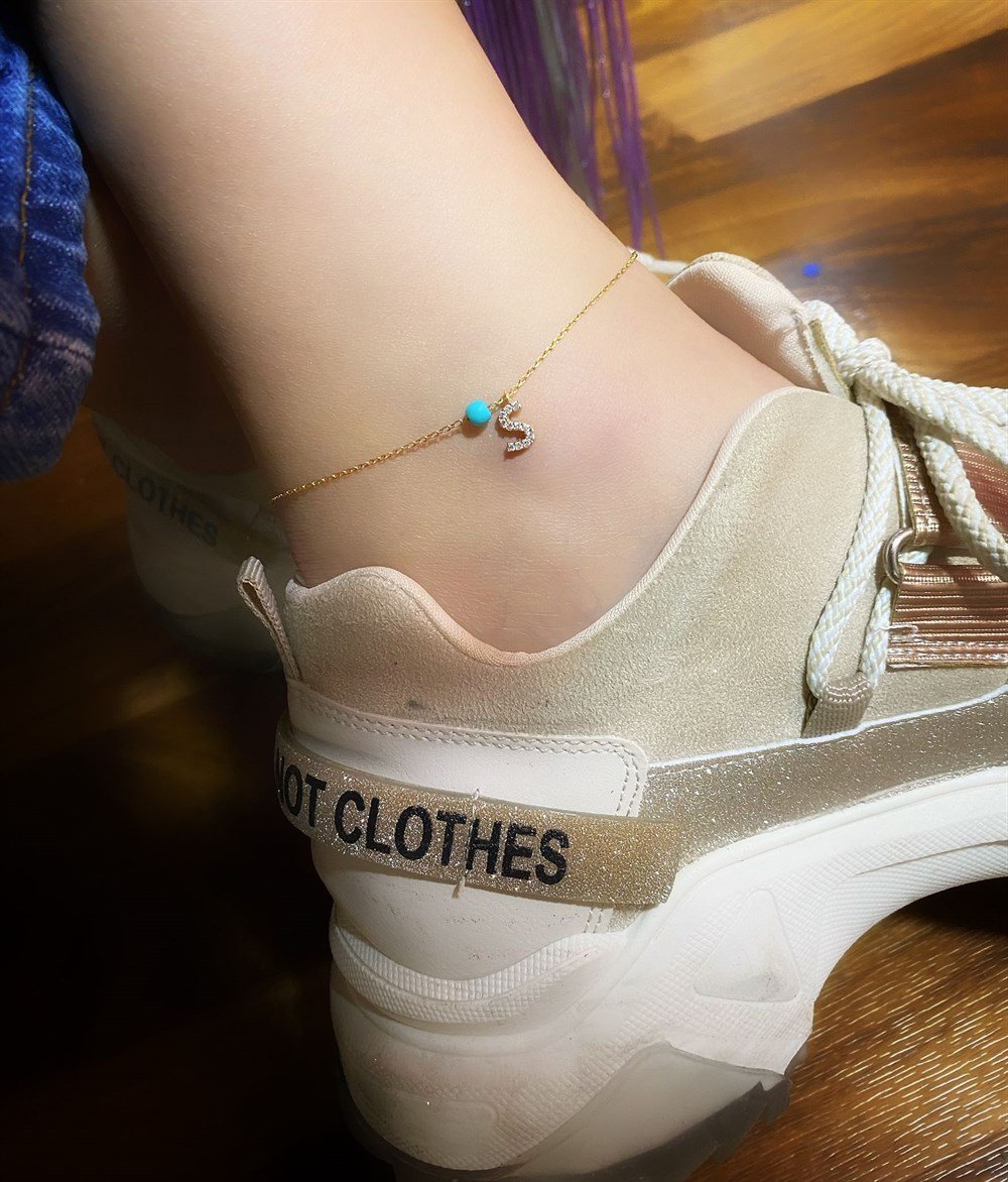 Turkuaz Boncuklu Taşlı Harf Gümüş Halhal 