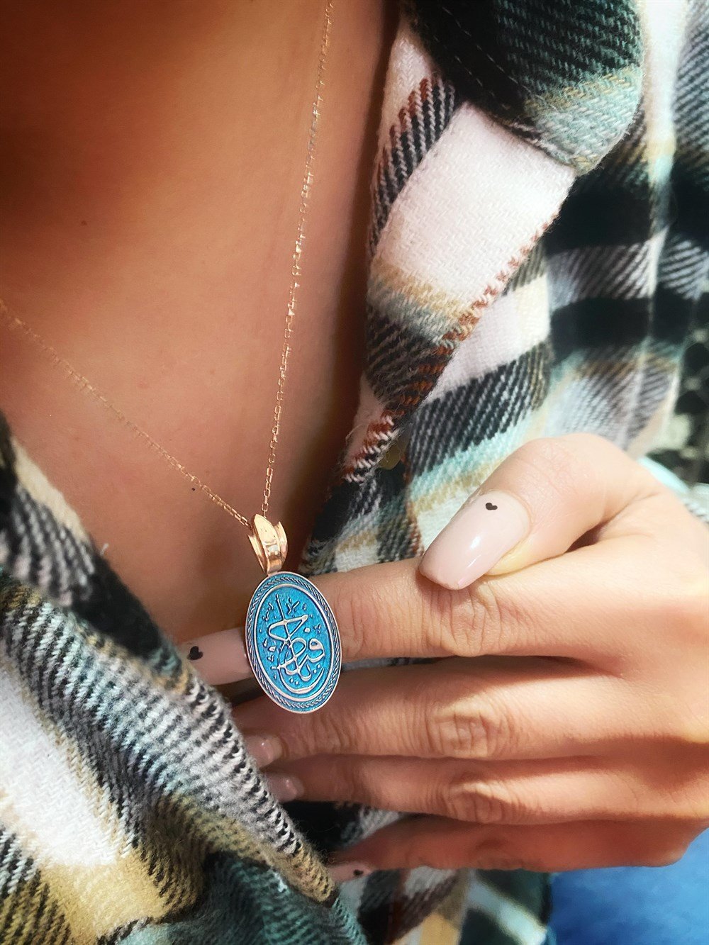 Turkuaz Mineli El Fettah Gümüş Kolye