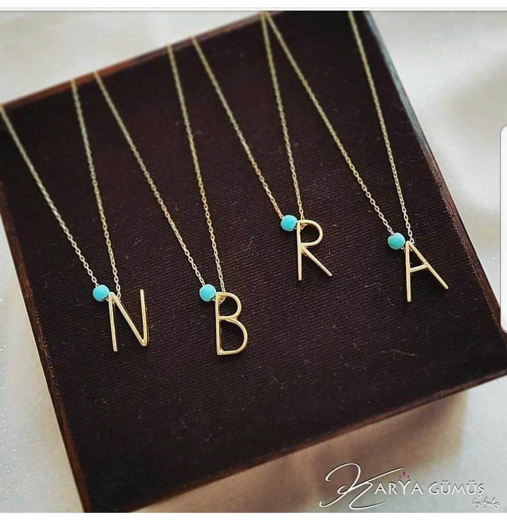 Turkuaz Taşlı Harf Gümüş Kolye
