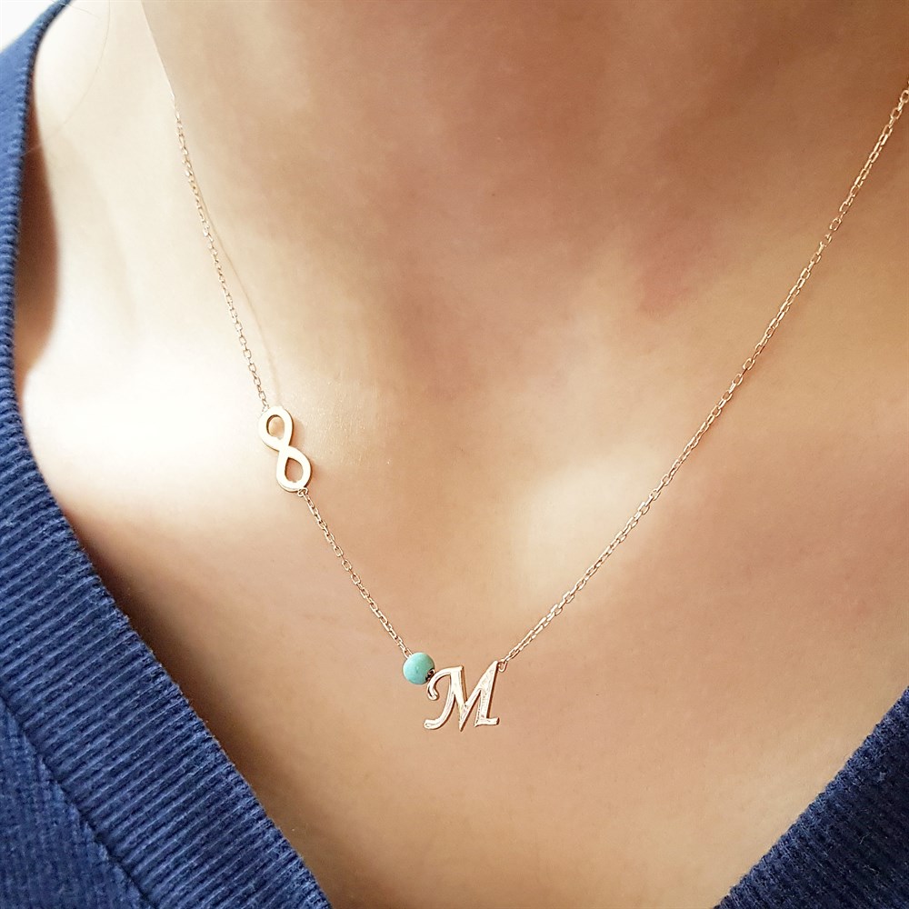 TURKUAZ TAŞLI HARF SONSUZLUK GÜMÜŞ KOLYE