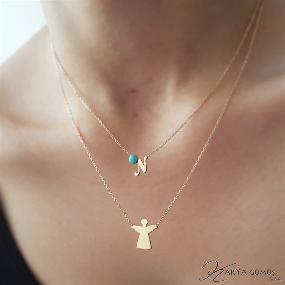 TURKUAZ TAŞLI İKİLİ HARF MELEK GÜMÜŞ KOLYE