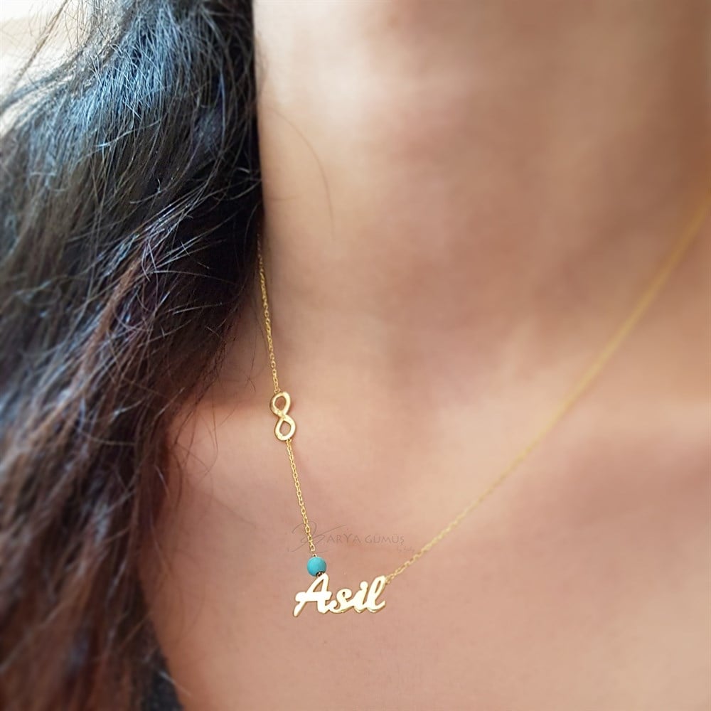 Turkuaz Taşlı İsim Sonsuzluk Gümüş Kolye