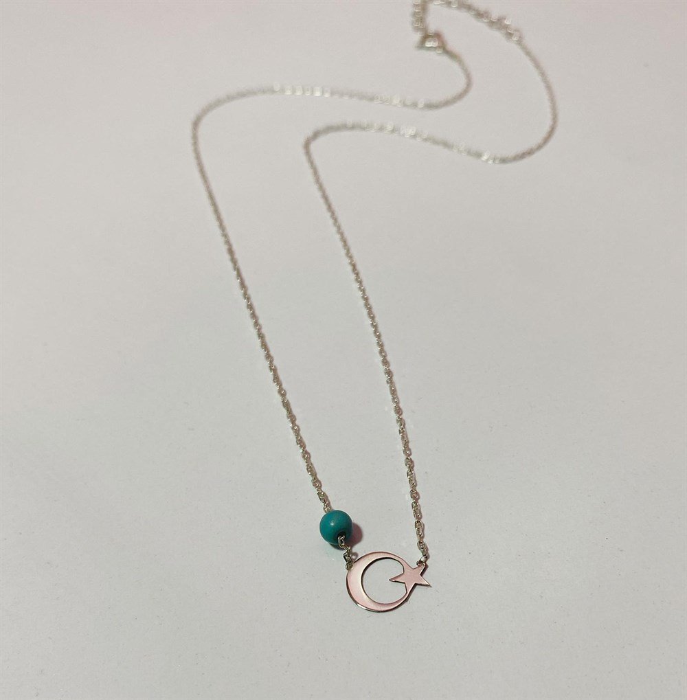 Turkuaz Taşlı Minik Ay Yıldız Gümüş Kolye