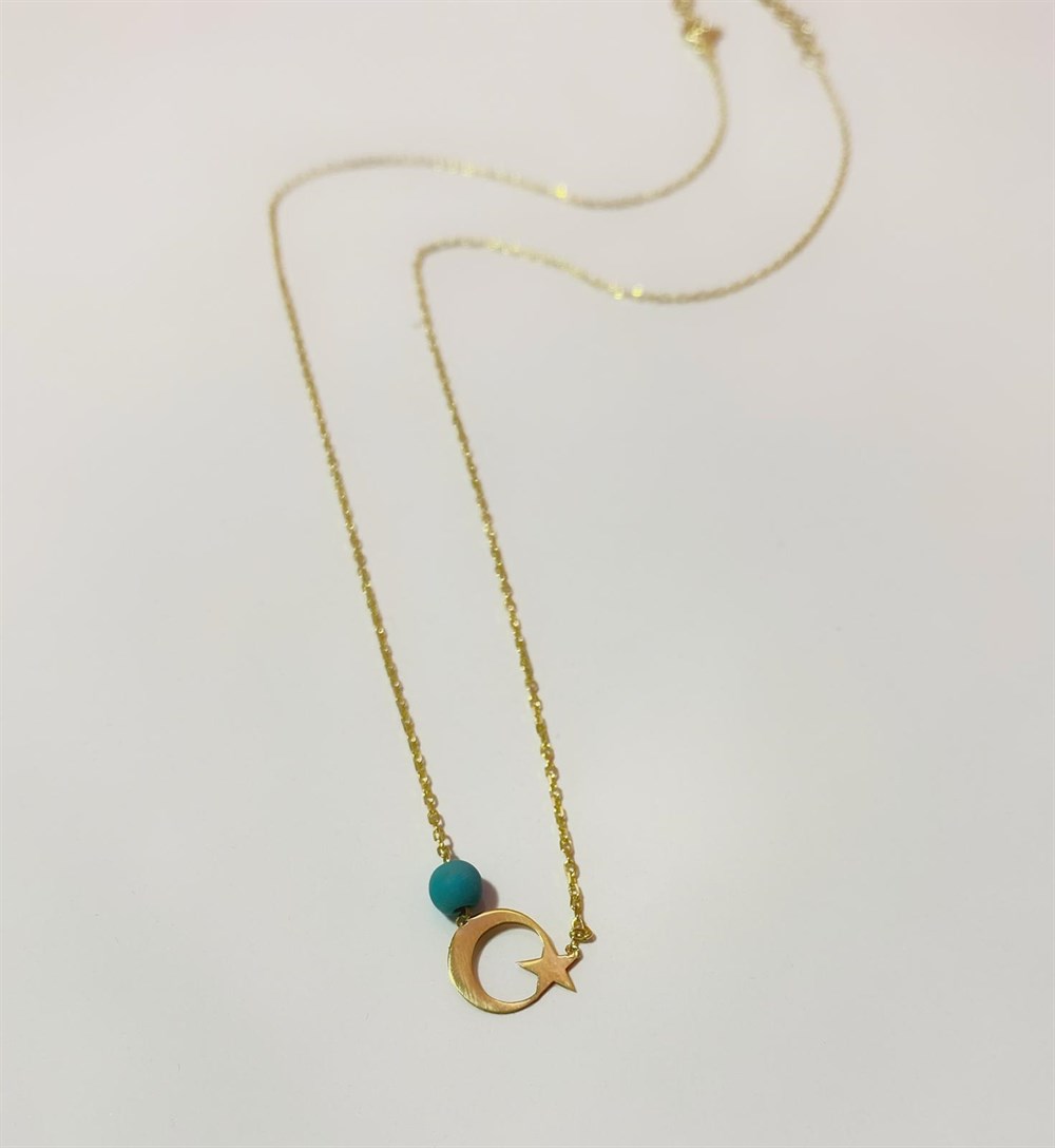Turkuaz Taşlı Minik Ay Yıldız Gümüş Kolye