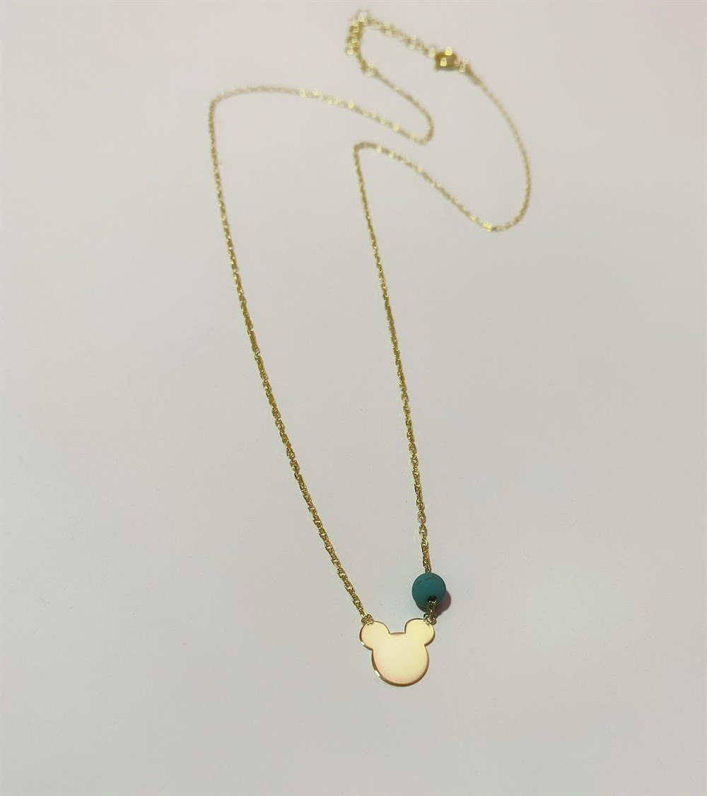 Turkuaz Taşlı Minik Mickey Gümüş  Kolye