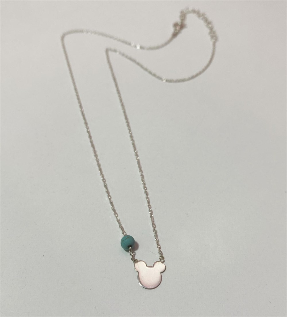 Turkuaz Taşlı Minik Mickey Gümüş  Kolye