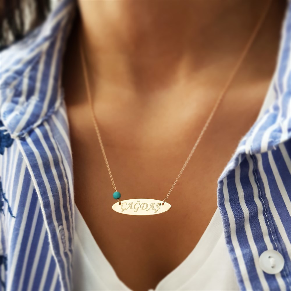 TURKUAZ TAŞLI OVAL PLAKA İSİM GÜMÜŞ KOLYE