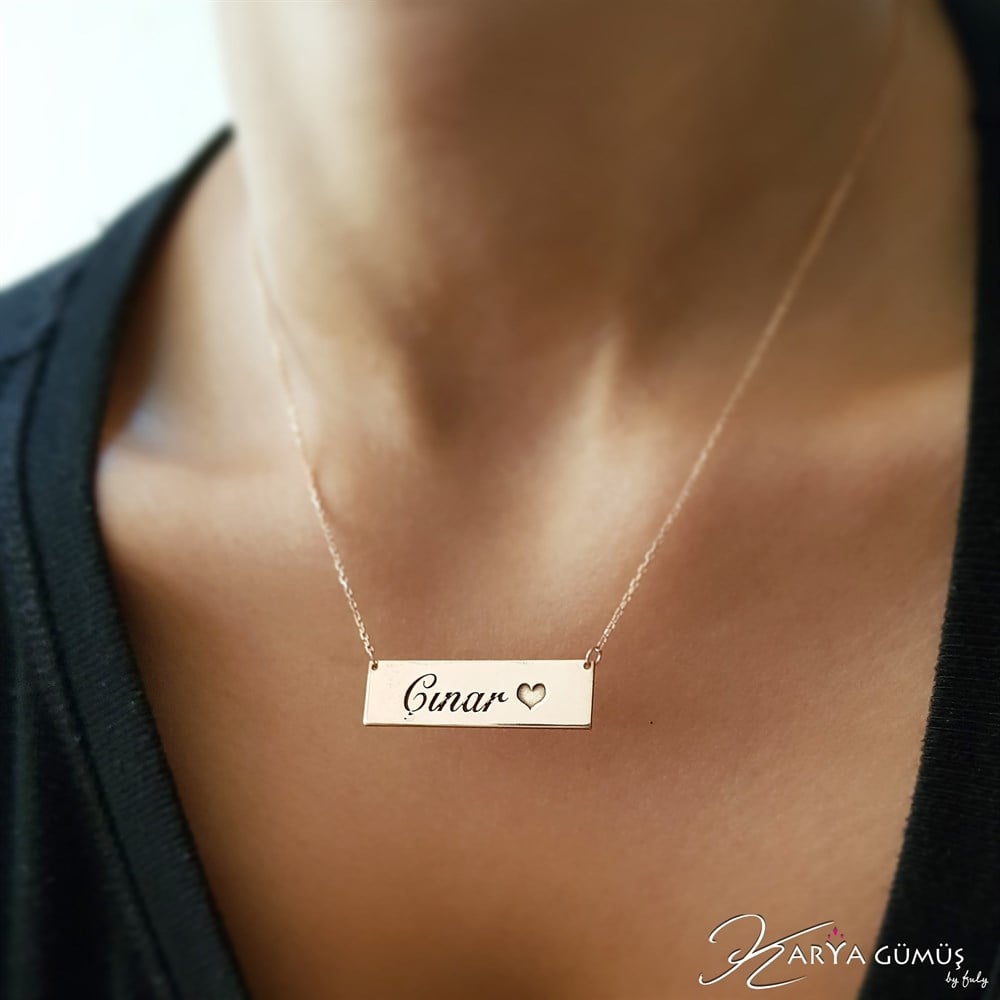 YATAY ÇUBUK İSİM KALP GÜMÜŞ KOLYE