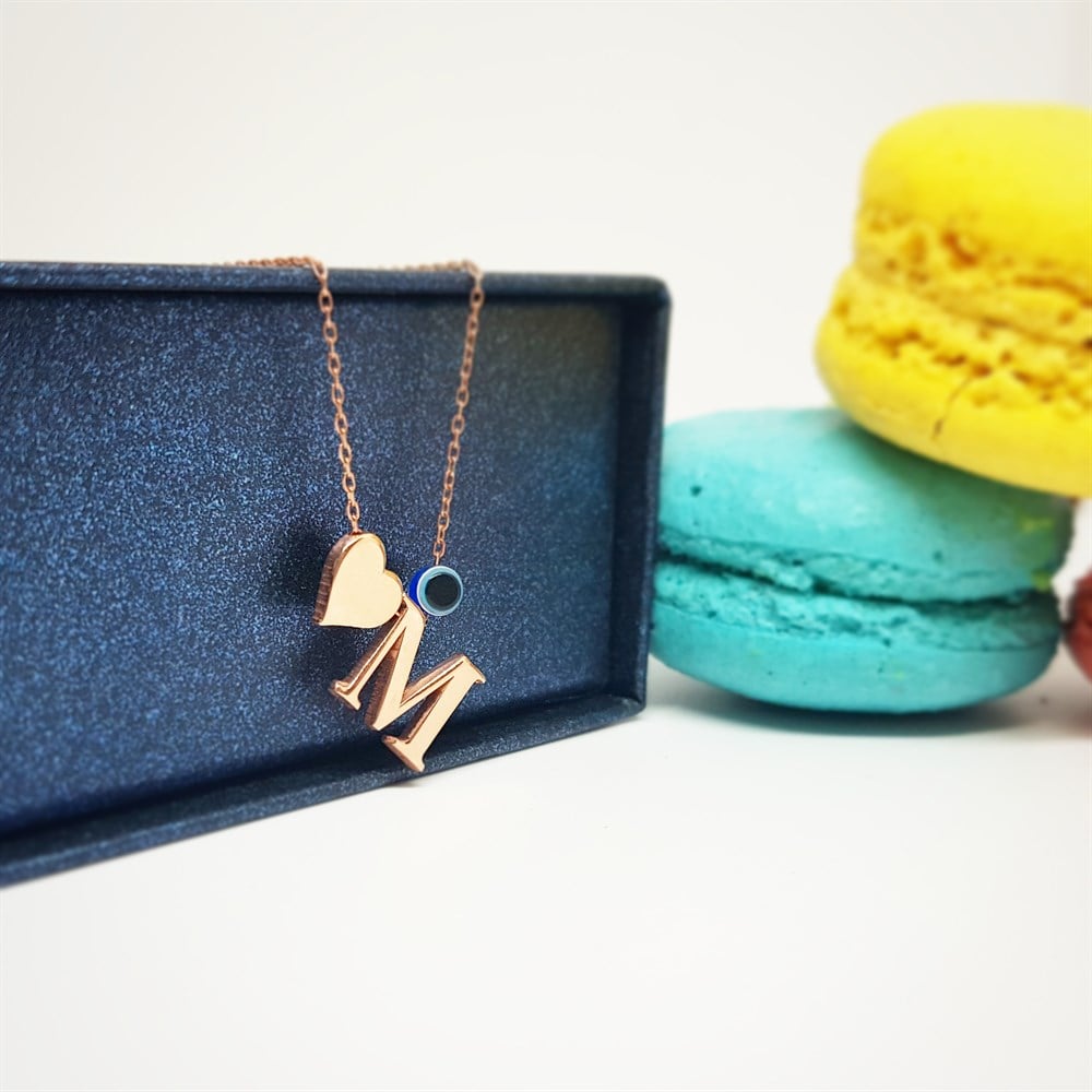 YENİ HARF KALP NAZAR BONCUKLU GÜMÜŞ KOLYE