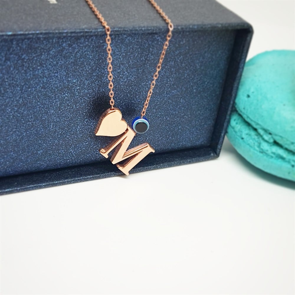 YENİ HARF KALP NAZAR BONCUKLU GÜMÜŞ KOLYE