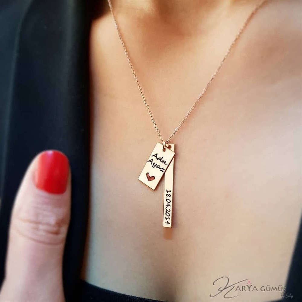 YENİ İKİLİ ÇUBUK İSİM TARİH GÜMÜŞ KOLYE