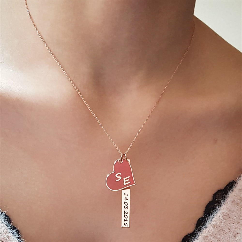 YENİ İKİLİ KIRMIZI KALP HARF TARİH GÜMÜŞ KOLYE