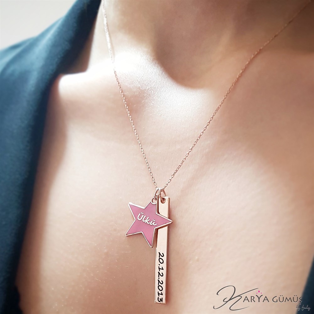 YENİ İKİLİ PEMBE YILDIZ İSİM TARİH GÜMÜŞ KOLYE