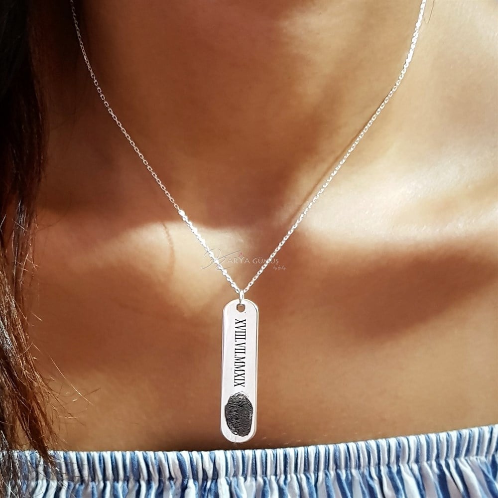 Yeni Tasarım Çubuk Parmak İzi Tarihli Kombin Gümüş Kolye