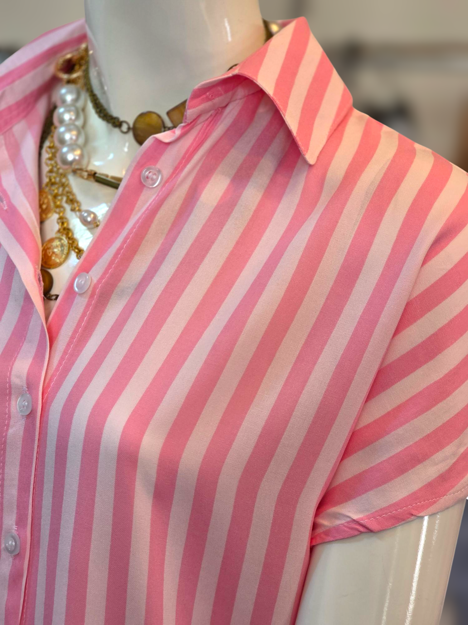 çizgili dokuma viskon düğmeli bluz pembe