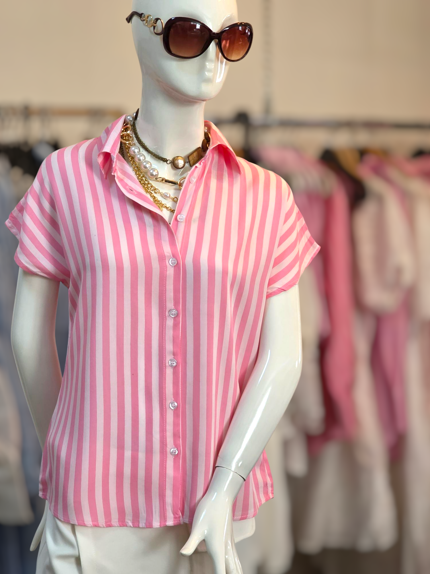 çizgili dokuma viskon düğmeli bluz pembe