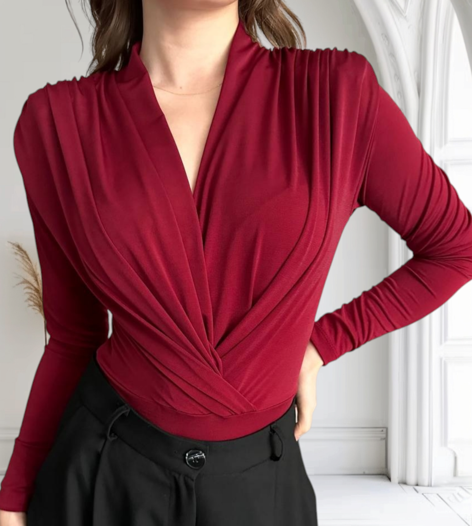 Kruvaze Yaka Vatkalı Bodysuit-Bordo