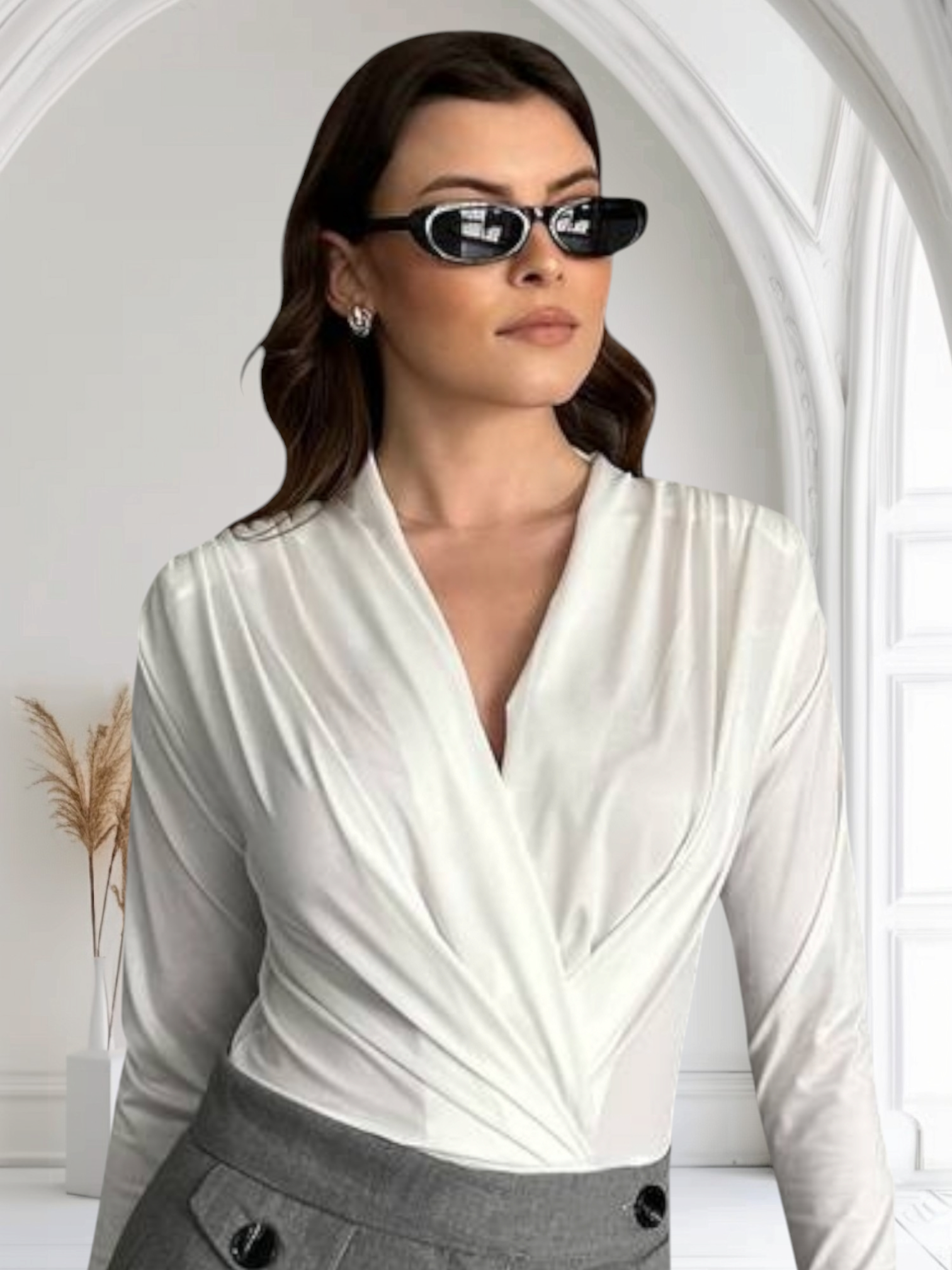 Kruvaze Yaka Vatkalı Bodysuit-Ekru