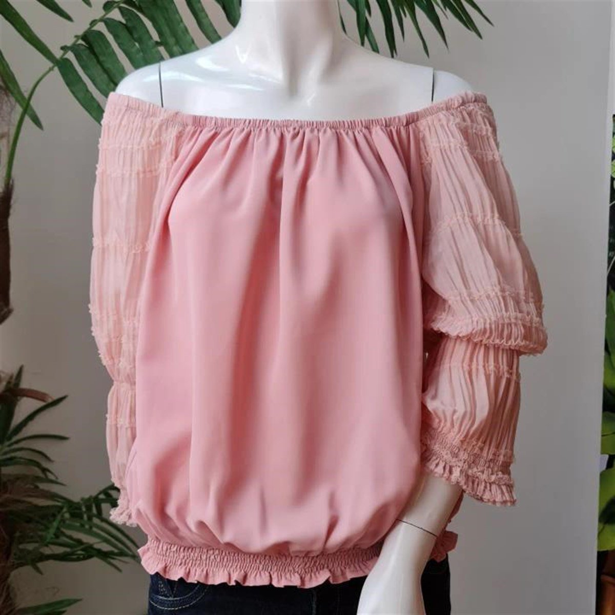 pembe crep kol gipeli şifon bluz