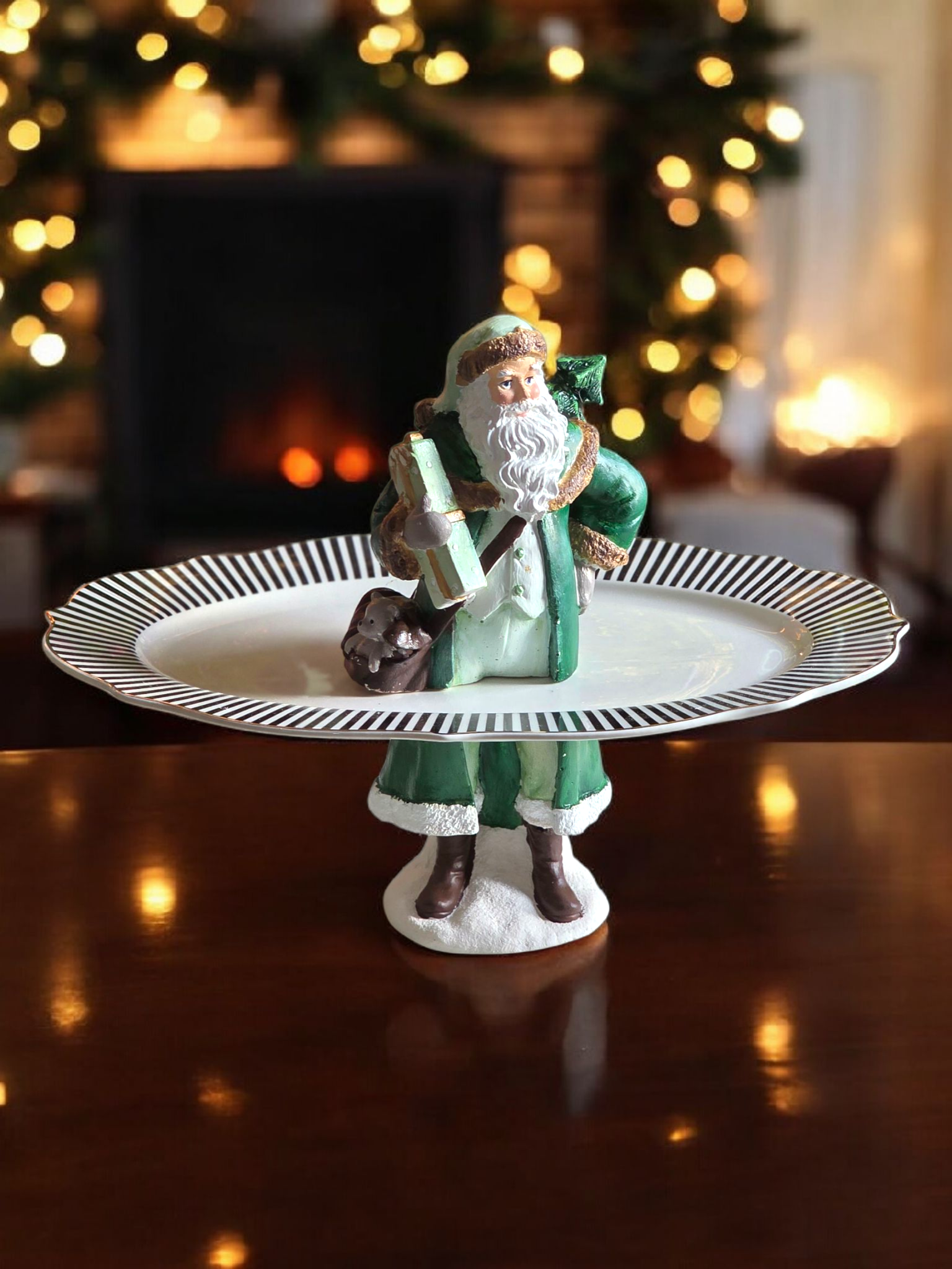 santa ayaklı çizgili kayık tabak yeşil 34 cm