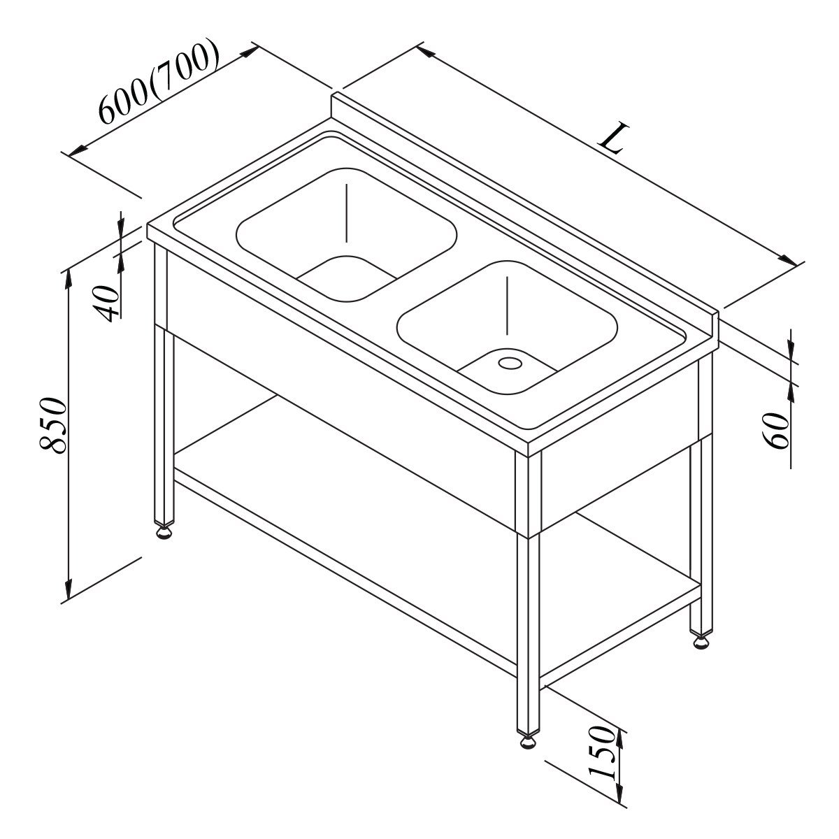 Öztiryakiler Evyeli Tezgah 2G 3 Perdeli Taban Raflı 120*70