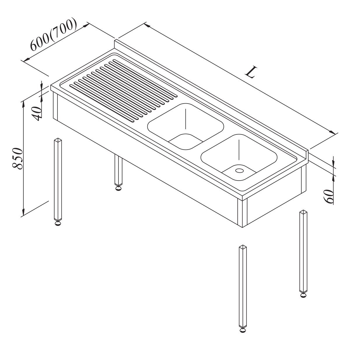 Öztiryakiler Evyeli Tezgah 2G/1D Sağ 3 Perdeli Taban Raflı  Demonte 190*70