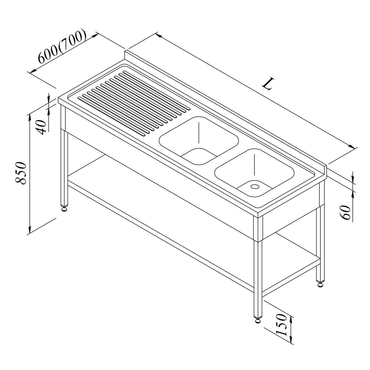 Öztiryakiler Evyeli Tezgah 2G/1D Sol 3 Perdeli Taban Raflı 210*70