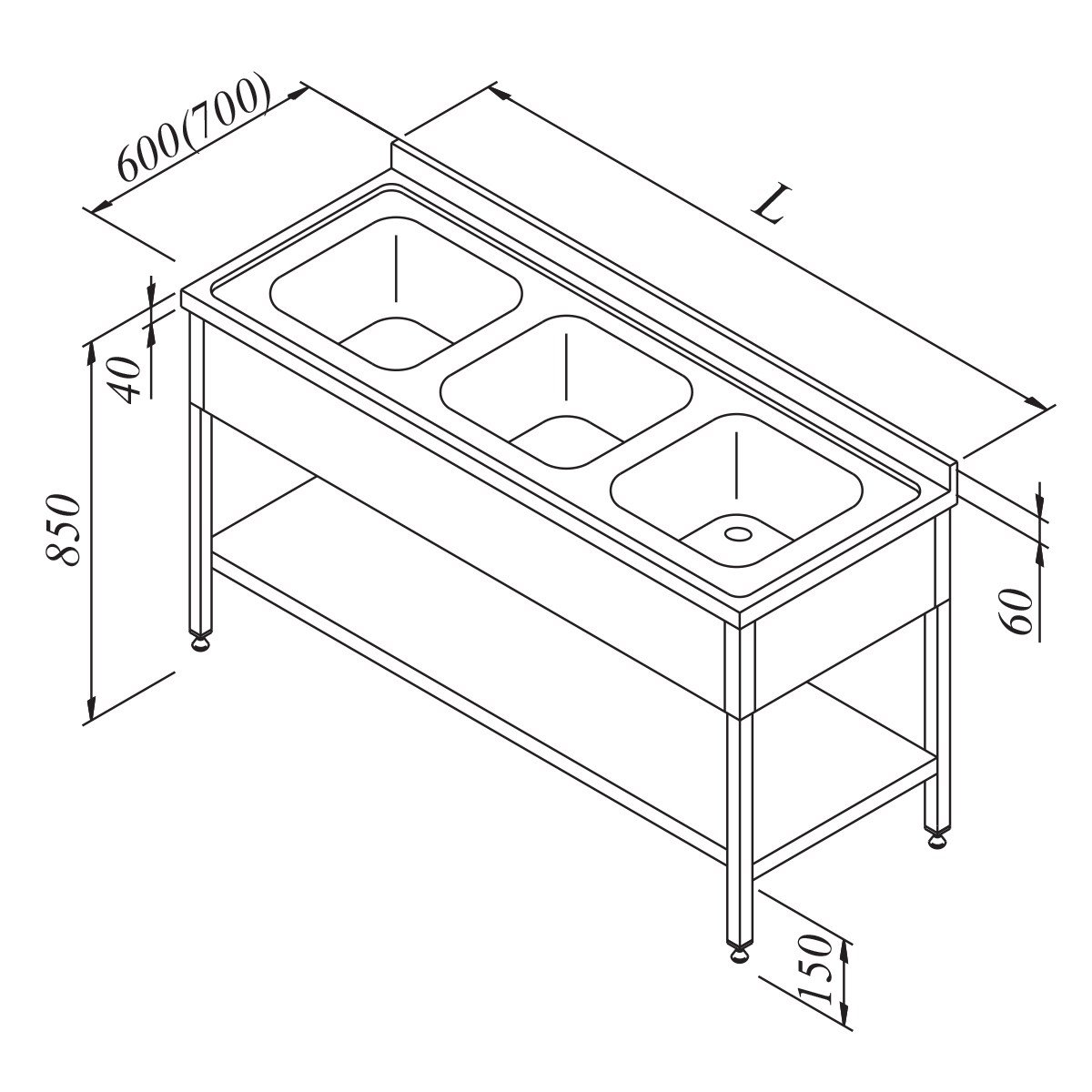 Öztiryakiler Evyeli Tezgah 3 Gözlü 3 Perdeli Taban Raflı 180*70