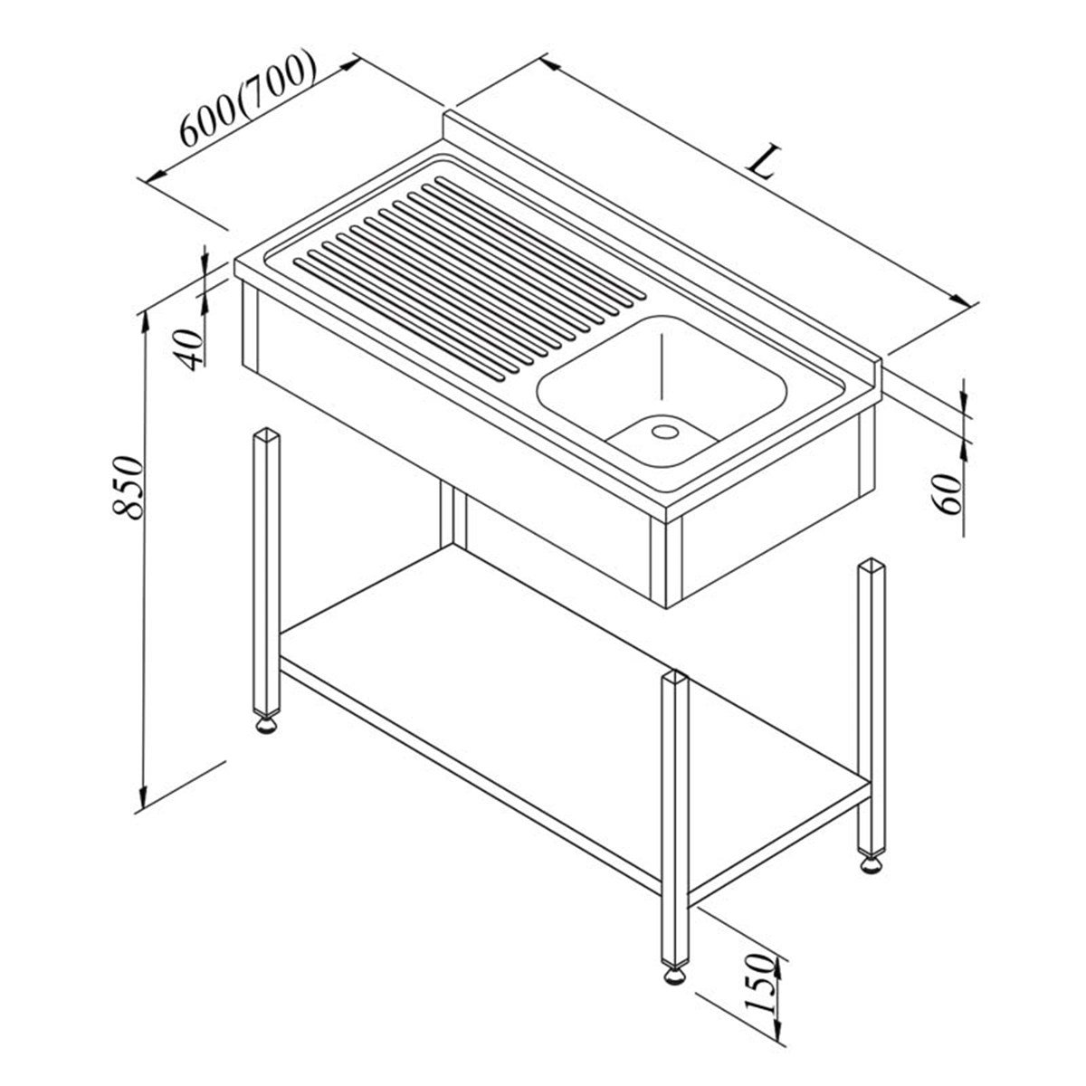 Öztiryakiler Evyeli Tezgahlar 1G/1D Sol 3 Perdeli Taban Raflı  Demonte 120*60