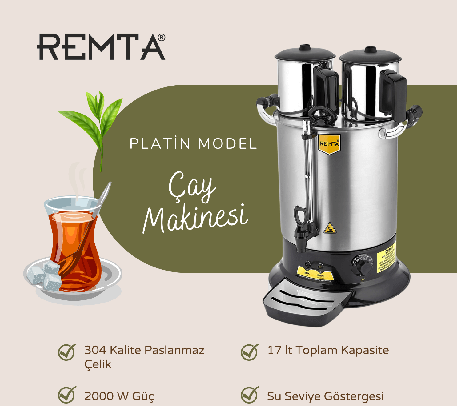 Remta PT14 Platin Model Çift Demlikli 17 lt Çay MakinesiRemtaRM.PT14