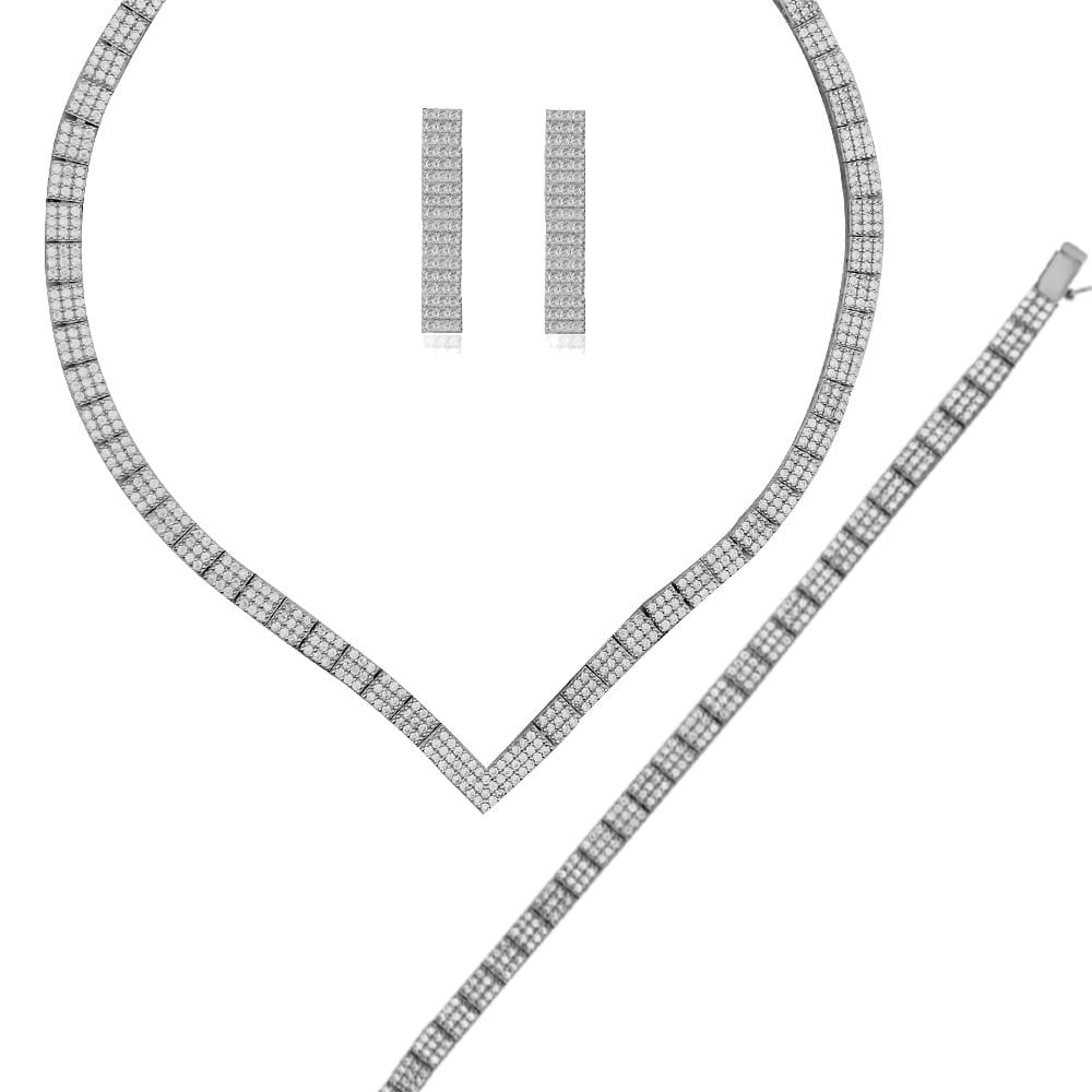 925 Ayar Gümüş 3 Sıra Taşlı Su Yolu  Şık Takı Seti