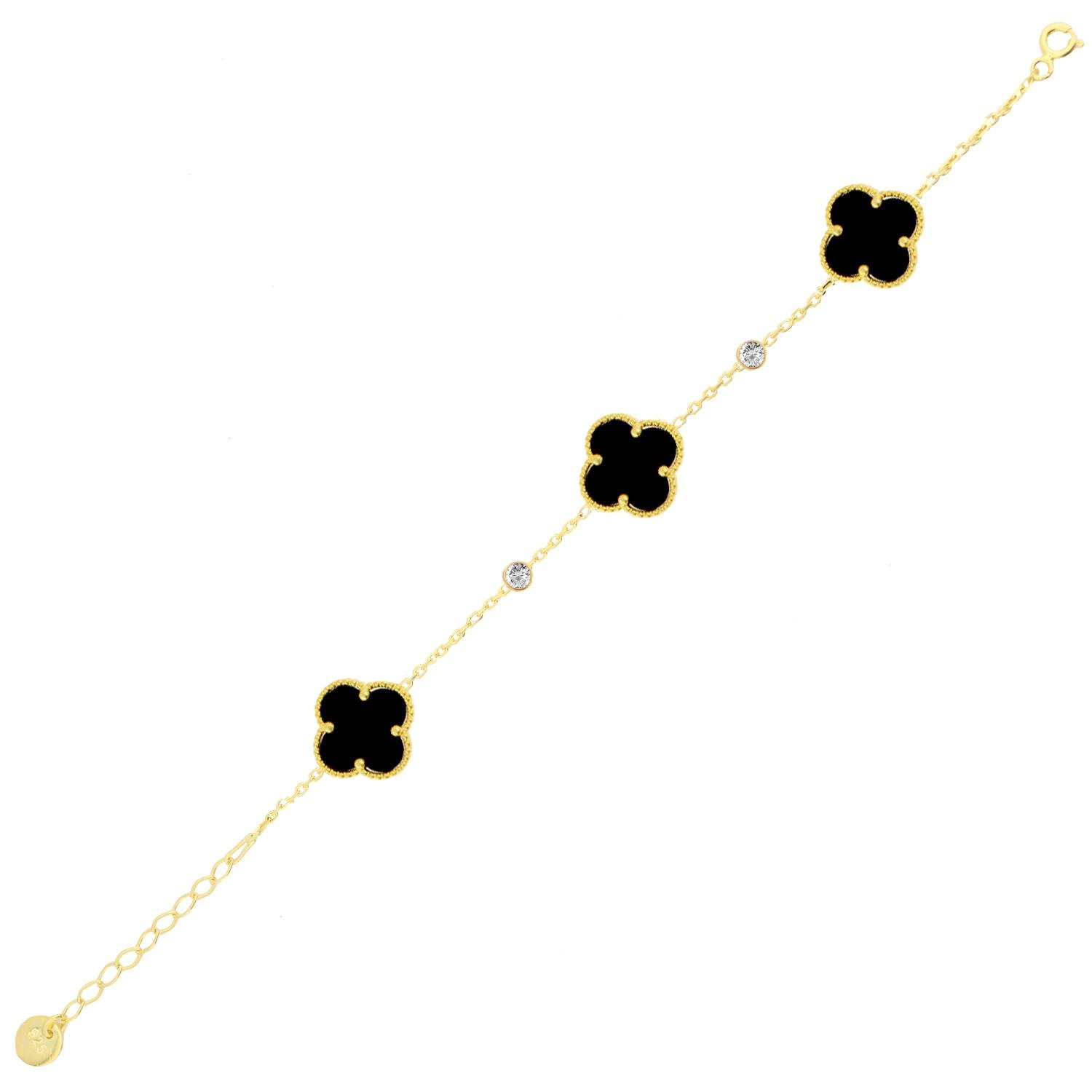 925 Ayar Gümüş Altın Kaplama Siyah Yonca Desen Bileklik