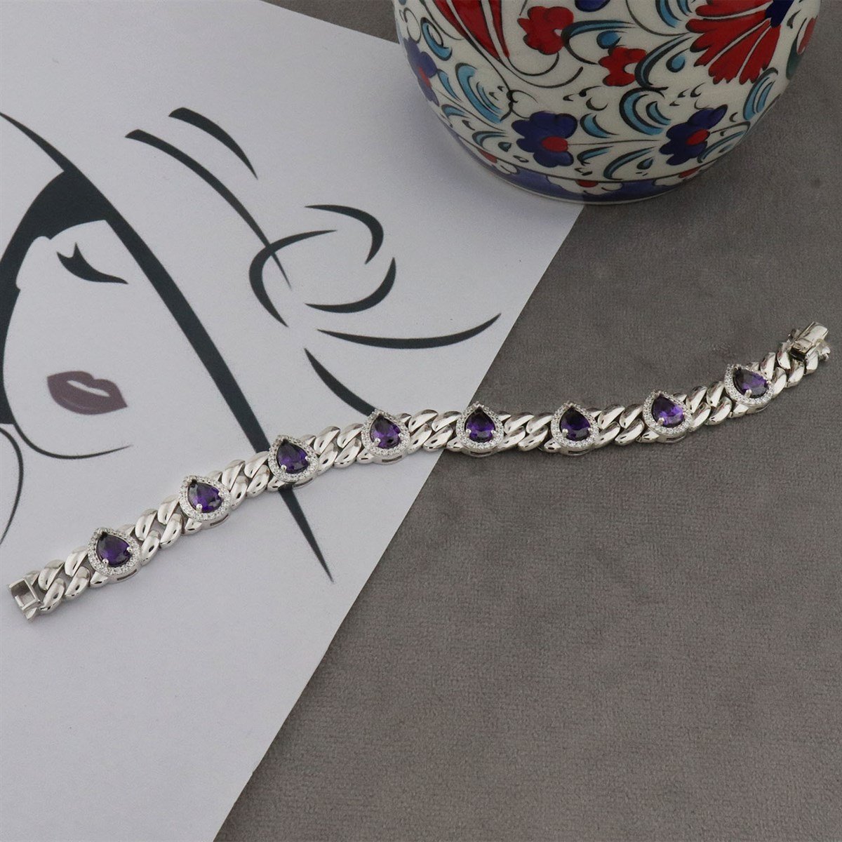 925 Ayar Gümüş Ametis Taşlı Damla Desen Bileklik