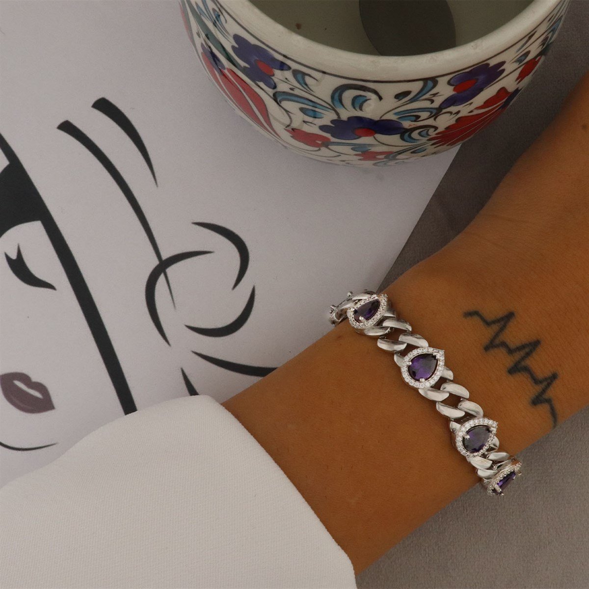 925 Ayar Gümüş Ametis Taşlı Damla Desen Bileklik