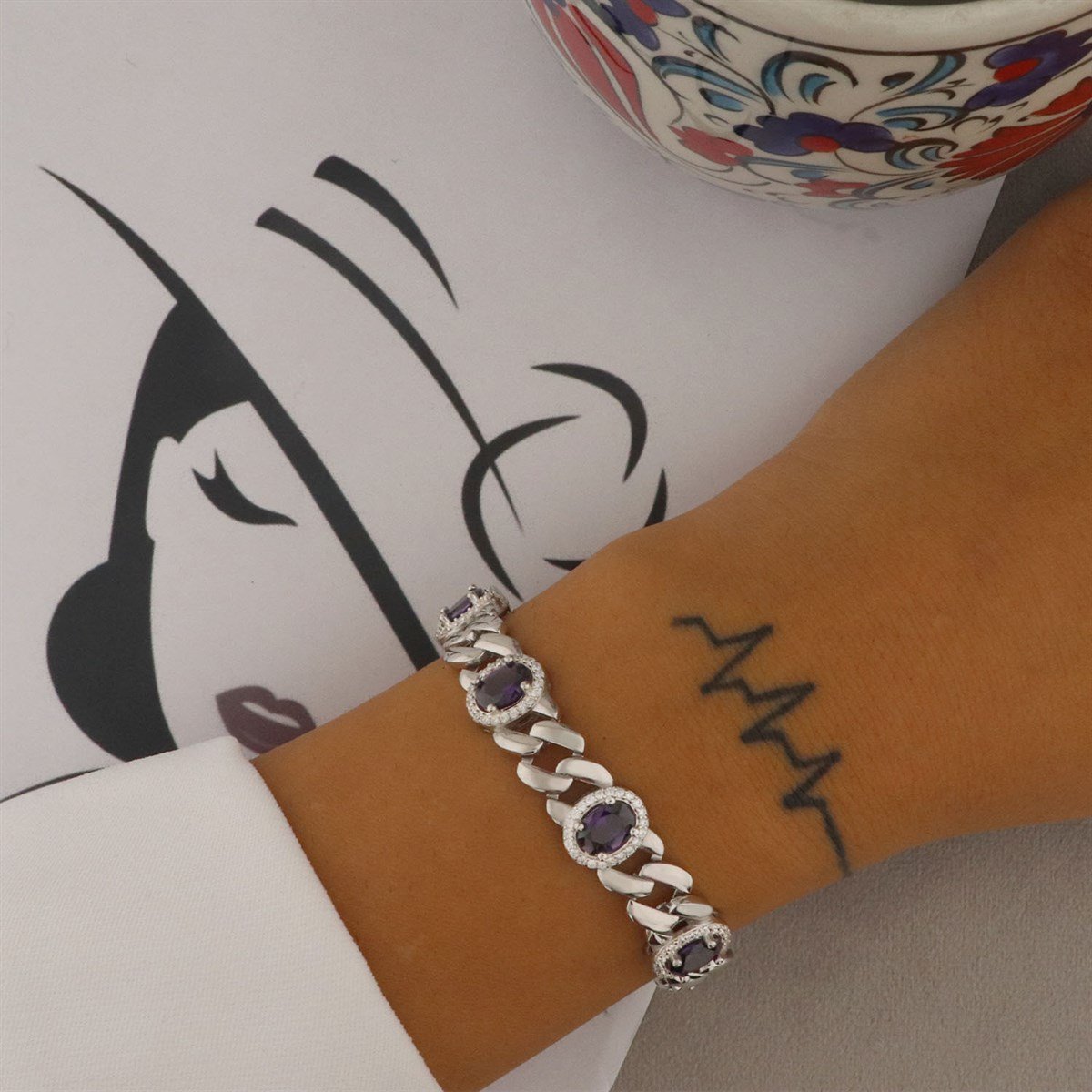 925 Ayar Gümüş Ametis Taşlı Oval Bileklik