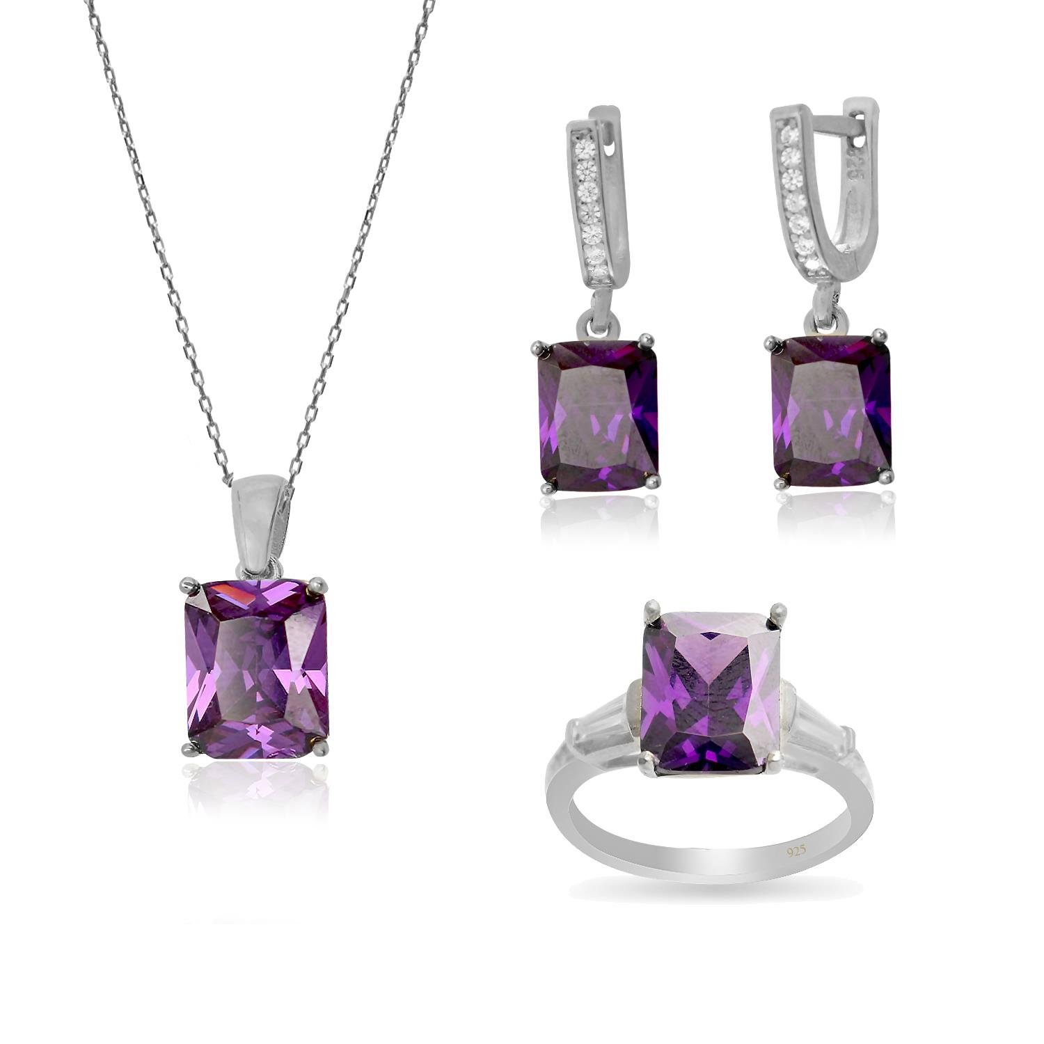 925 Ayar Gümüş Ametist Baget Takı Seti