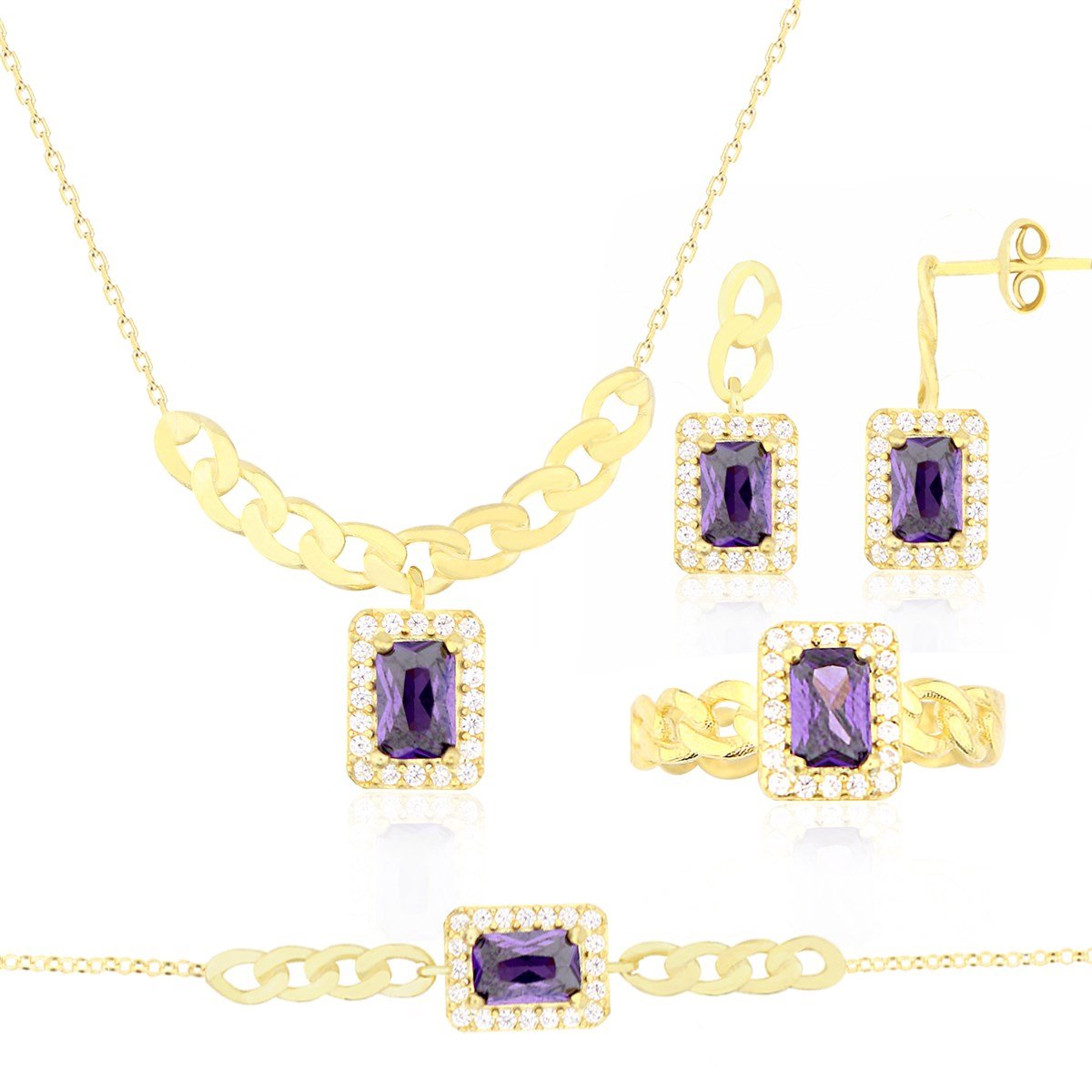925 Ayar Gümüş Ametist Baget Takı Seti Zincir Detay